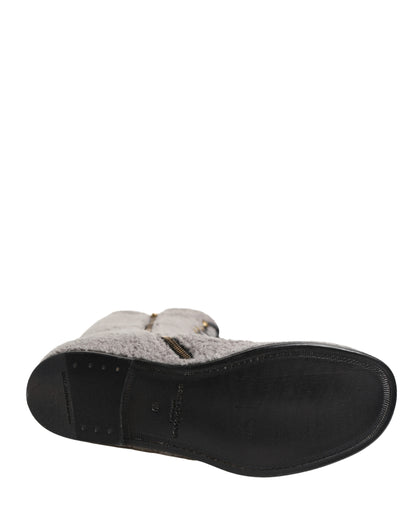 Dolce & Gabbana Gray Shearling Lace Up Knee High Boots