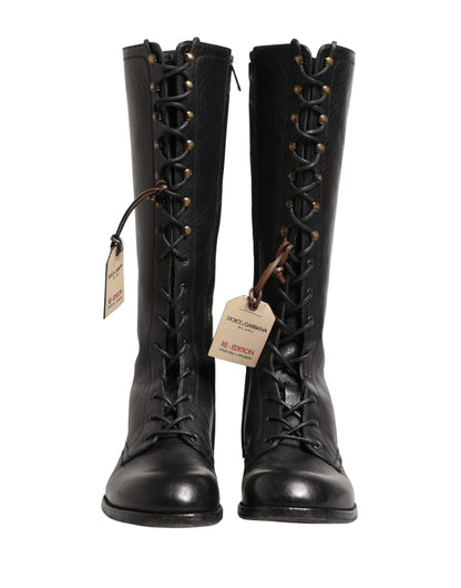 Dolce & Gabbana Re-Edition Black Leather Lace Up Boots
