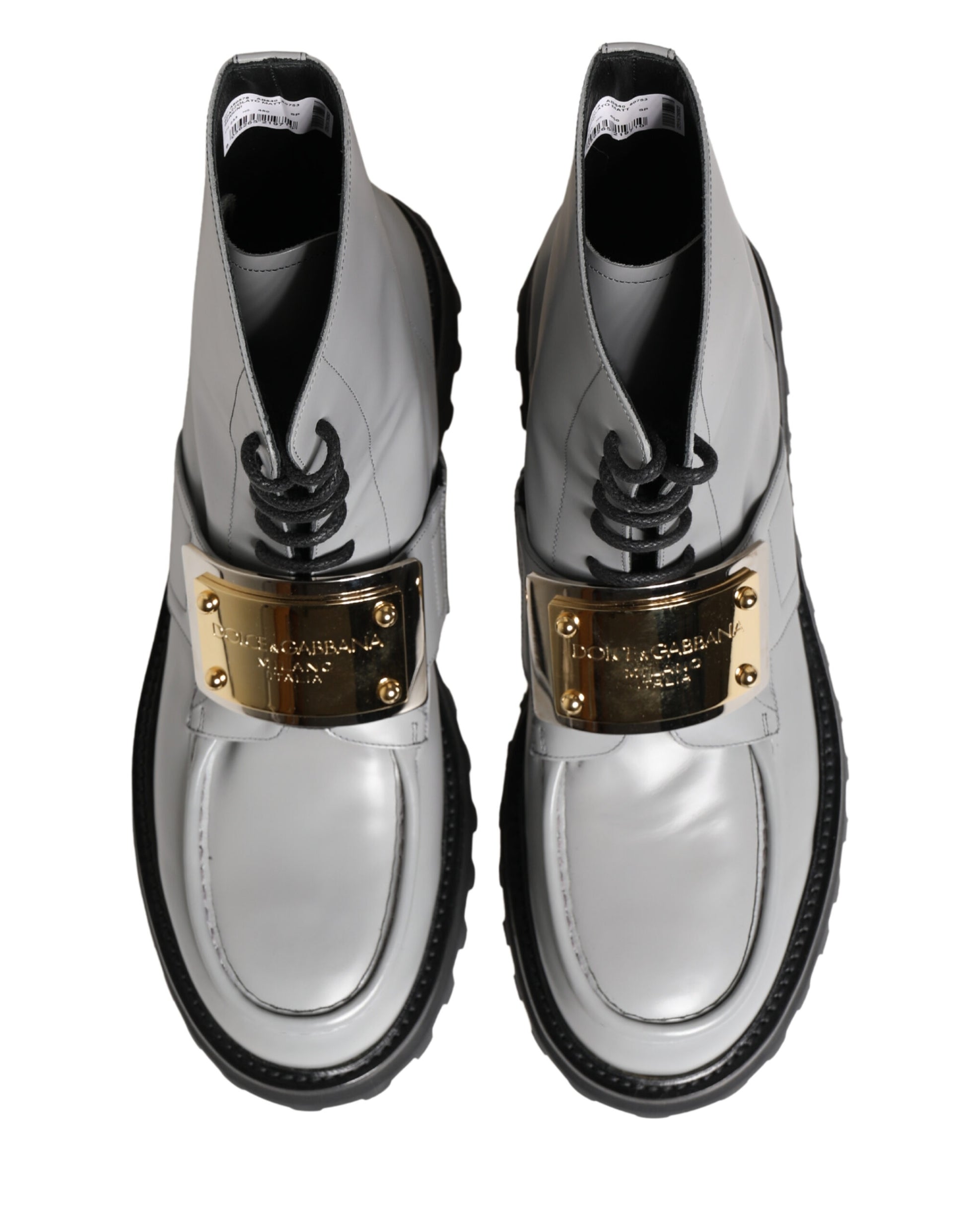 Dolce & Gabbana Gray Leather Logo Plaque Ankle Boots