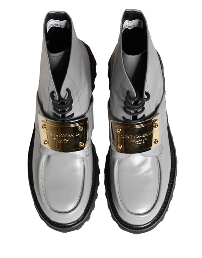 Dolce & Gabbana Gray Leather Logo Plaque Ankle Boots