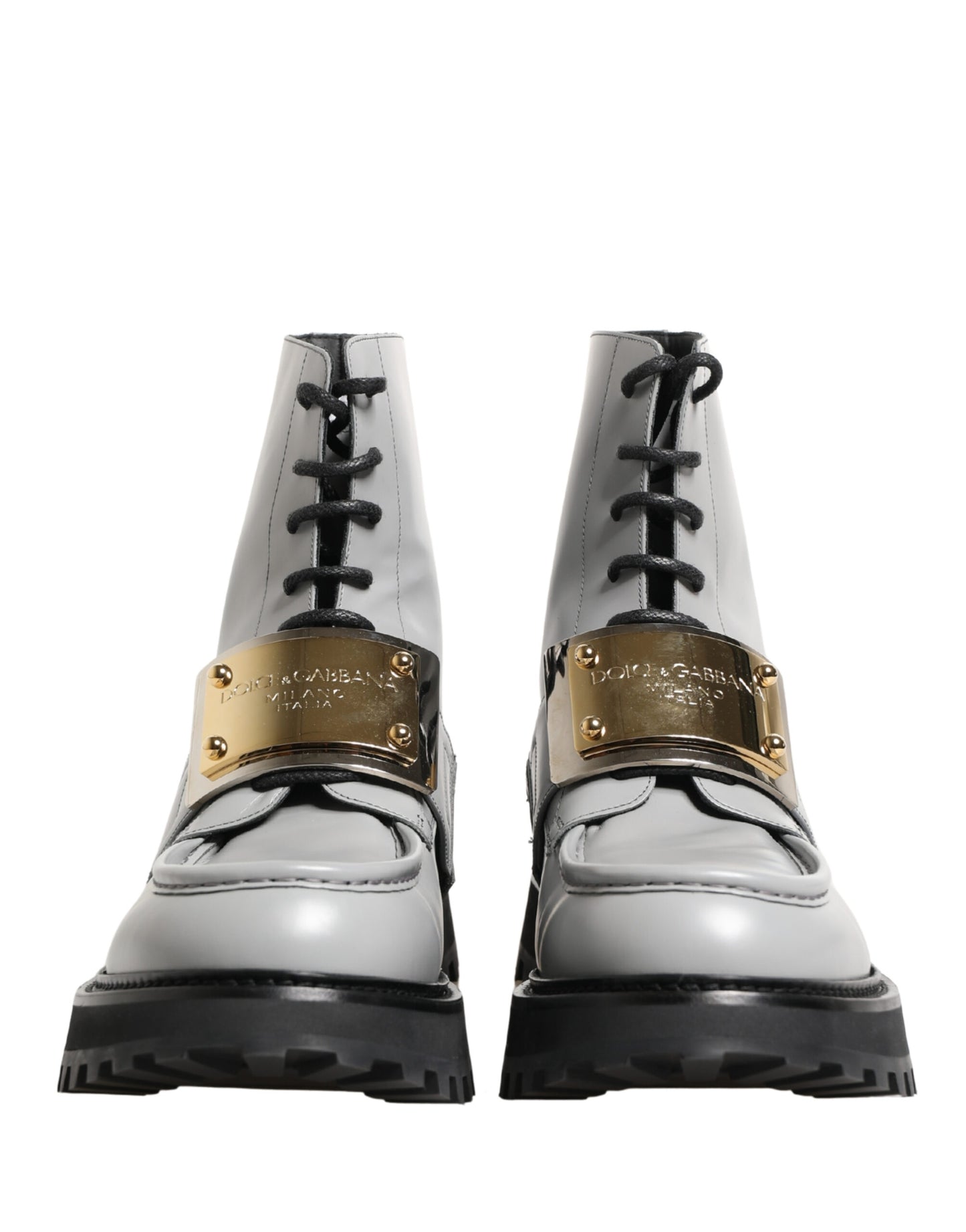 Dolce & Gabbana Gray Leather Logo Plaque Ankle Boots