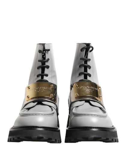 Dolce & Gabbana Gray Leather Logo Plaque Ankle Boots