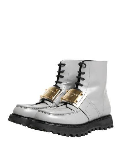 Dolce & Gabbana Gray Leather Logo Plaque Ankle Boots