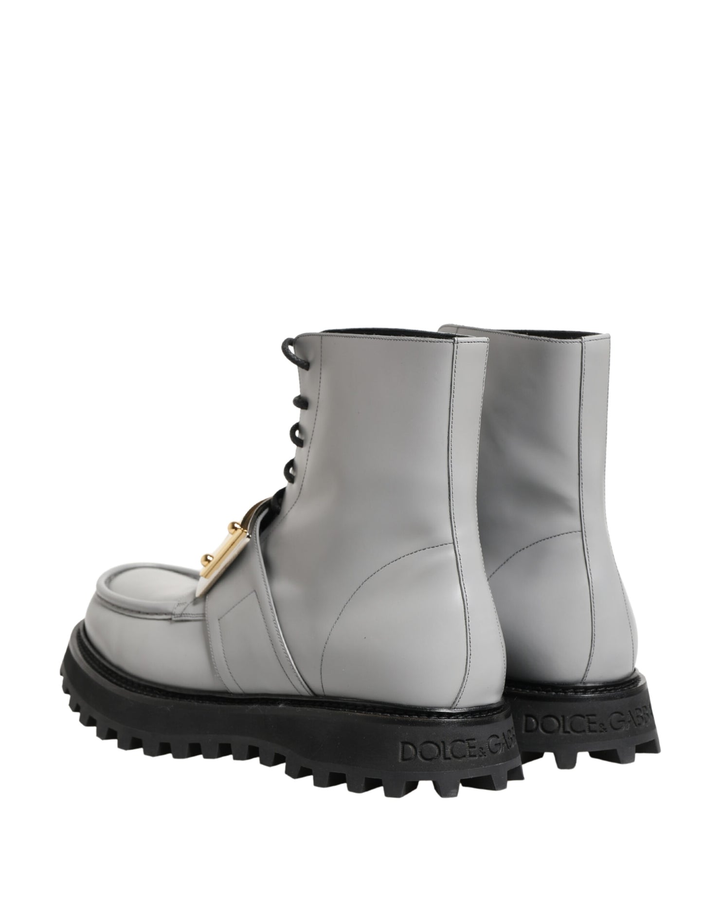 Dolce & Gabbana Gray Leather Logo Plaque Ankle Boots