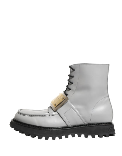 Dolce & Gabbana Gray Leather Logo Plaque Ankle Boots