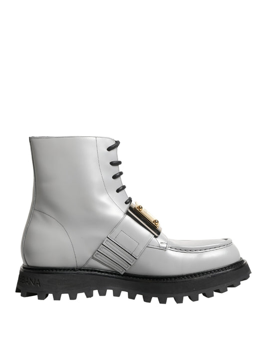 Dolce & Gabbana Gray Leather Logo Plaque Ankle Boots