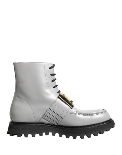 Dolce & Gabbana Gray Leather Logo Plaque Ankle Boots