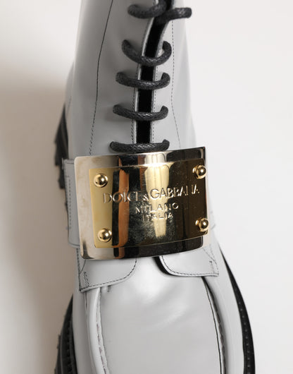 Dolce & Gabbana Gray Leather Logo Plaque Ankle Boots