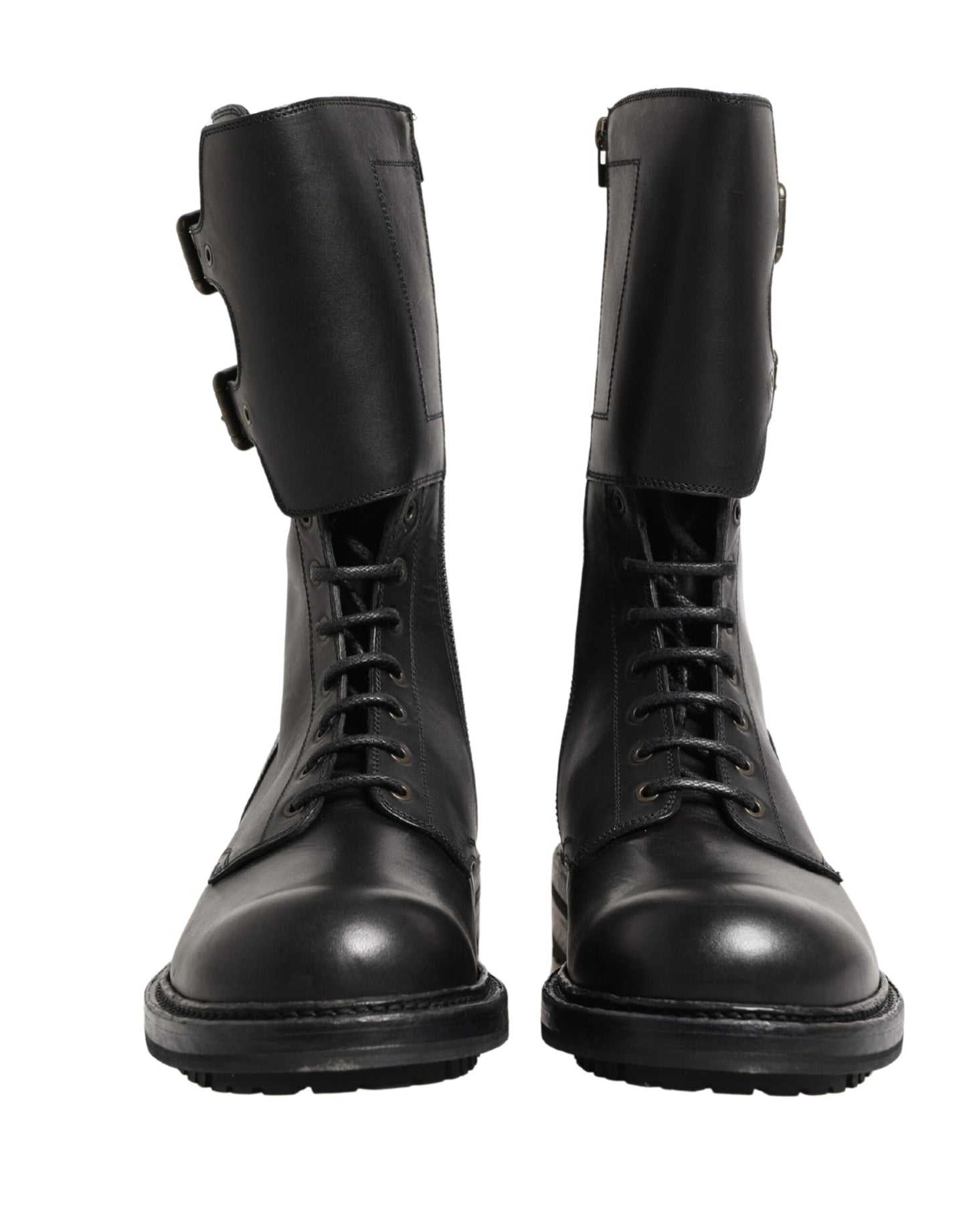 Dolce & Gabbana Black Leather Belted Buckle Combat Boots