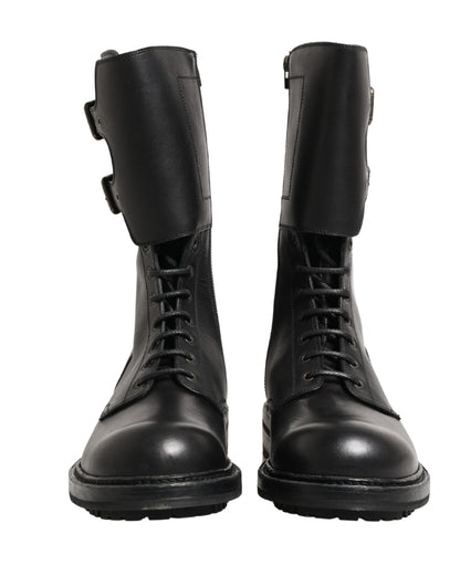 Dolce & Gabbana Black Leather Belted Buckle Combat Boots