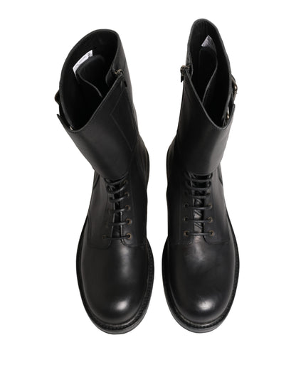Dolce & Gabbana Black Leather Belted Buckle Combat Boots