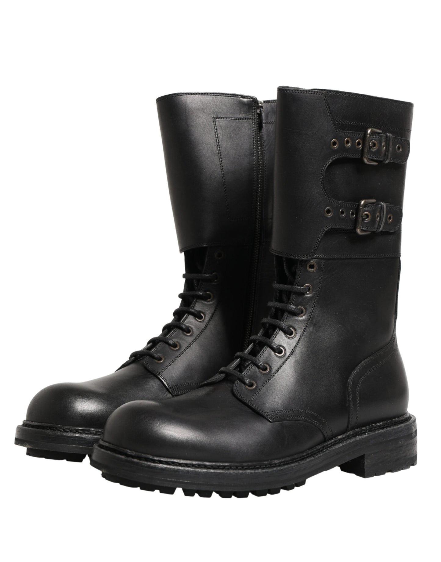 Dolce & Gabbana Black Leather Belted Buckle Combat Boots