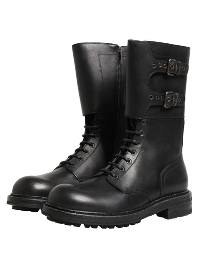 Dolce & Gabbana Black Leather Belted Buckle Combat Boots