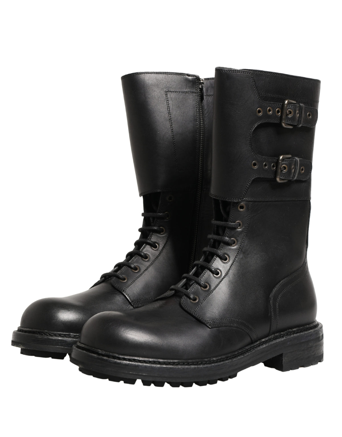 Dolce & Gabbana Black Leather Belted Buckle Combat Boots