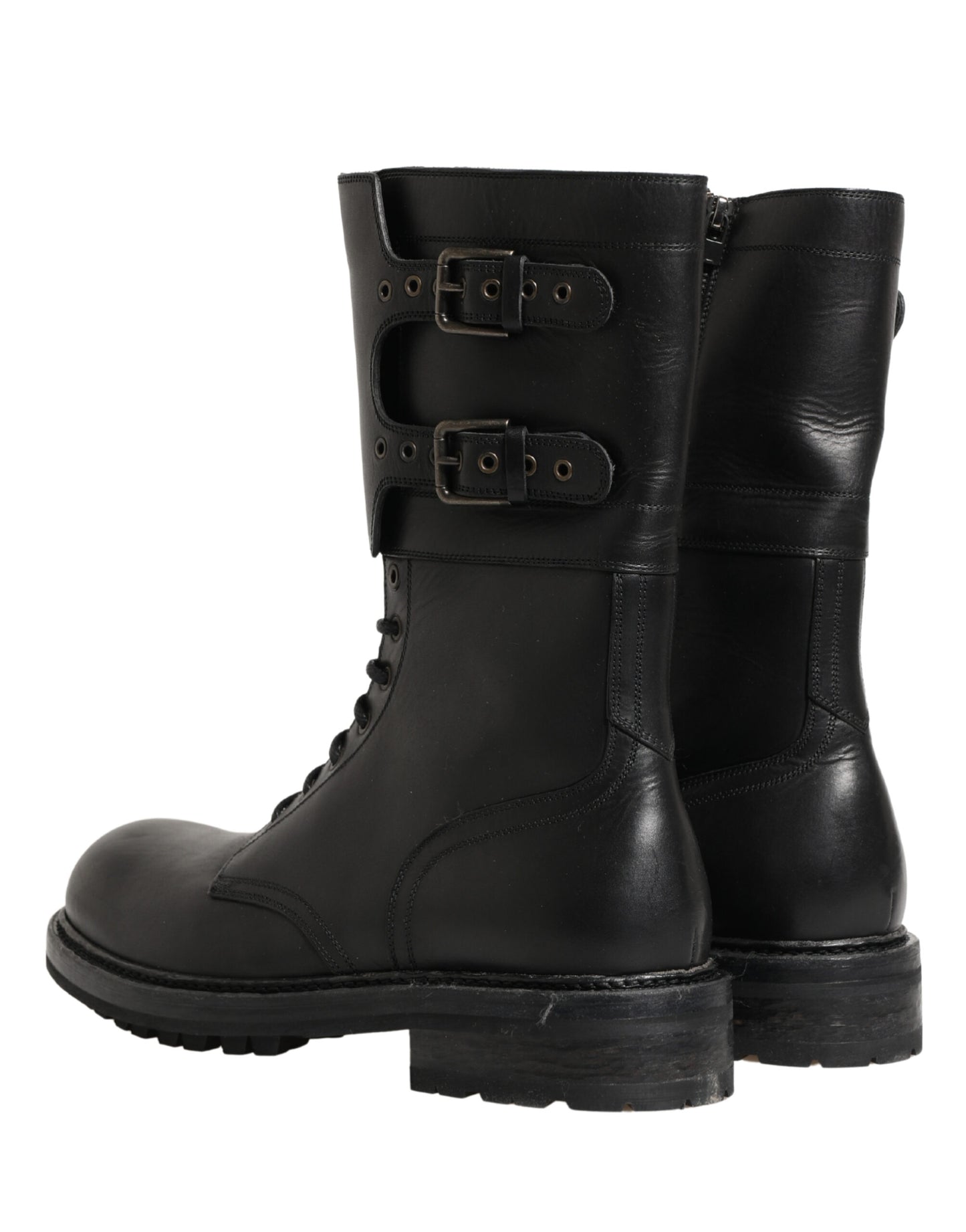 Dolce & Gabbana Black Leather Belted Buckle Combat Boots