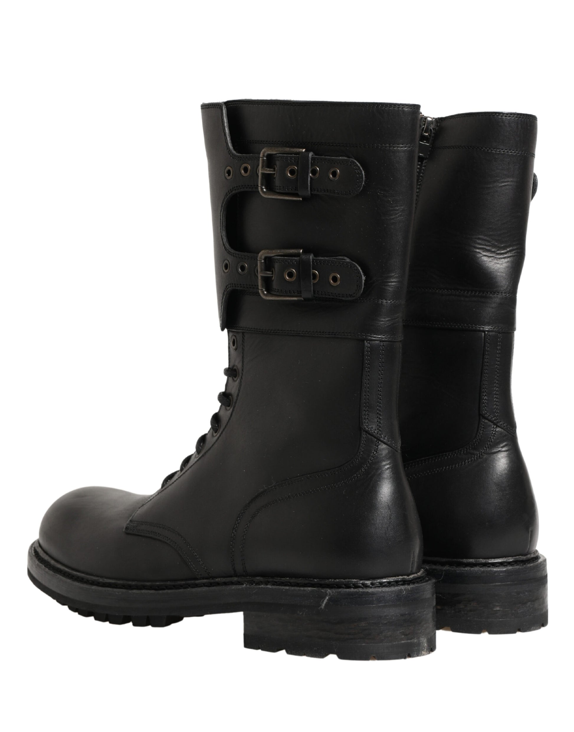 Dolce & Gabbana Black Leather Belted Buckle Combat Boots