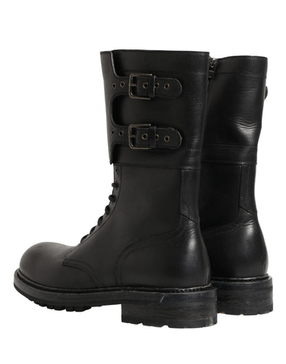 Dolce & Gabbana Black Leather Belted Buckle Combat Boots