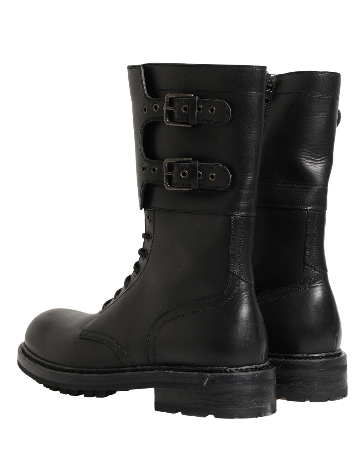 Dolce & Gabbana Black Leather Belted Buckle Combat Boots