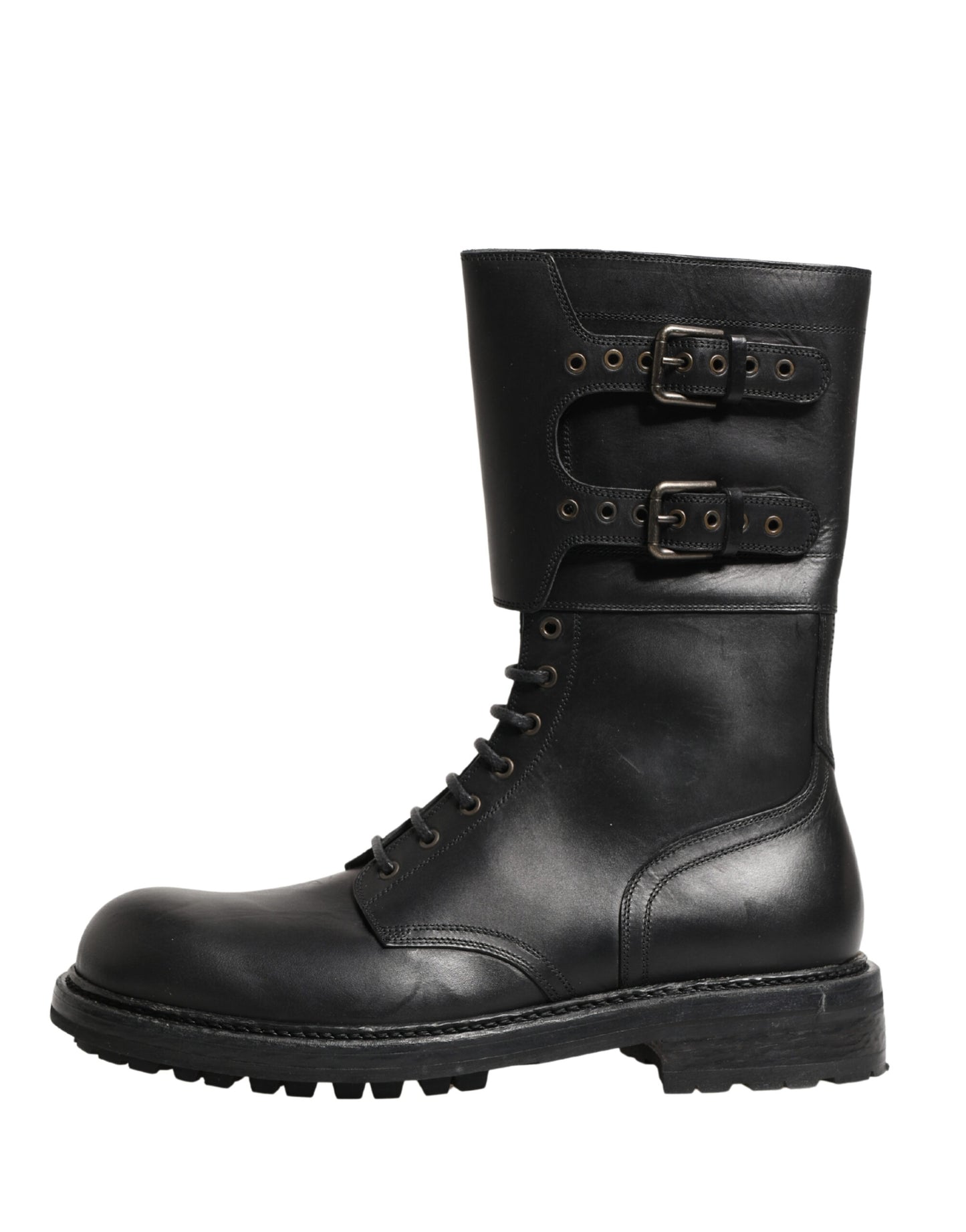 Dolce & Gabbana Black Leather Belted Buckle Combat Boots