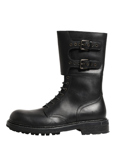 Dolce & Gabbana Black Leather Belted Buckle Combat Boots