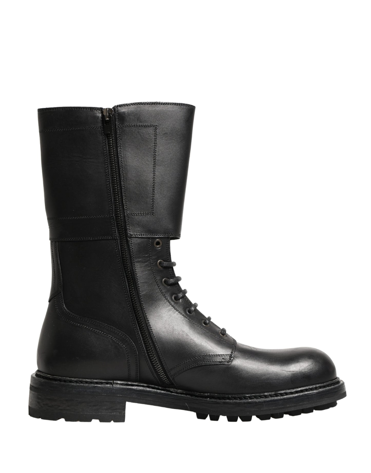 Dolce & Gabbana Black Leather Belted Buckle Combat Boots