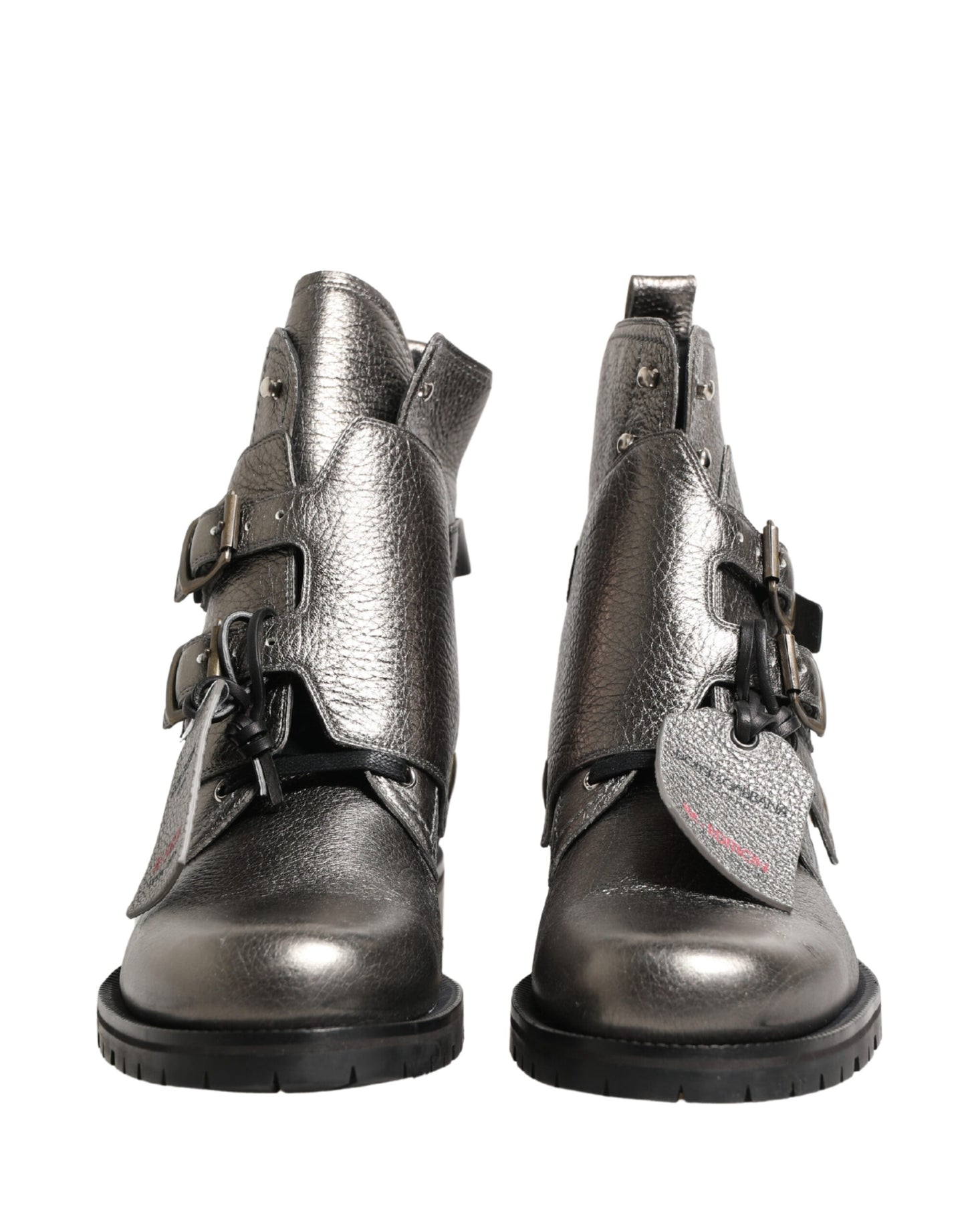 Dolce & Gabbana Metallic Silver Leather Buckle Ankle Boots