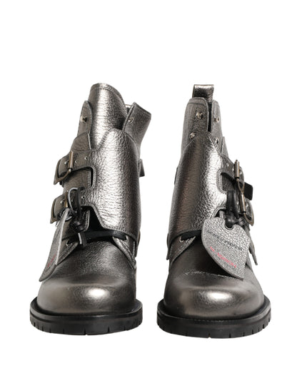 Dolce & Gabbana Metallic Silver Leather Buckle Ankle Boots