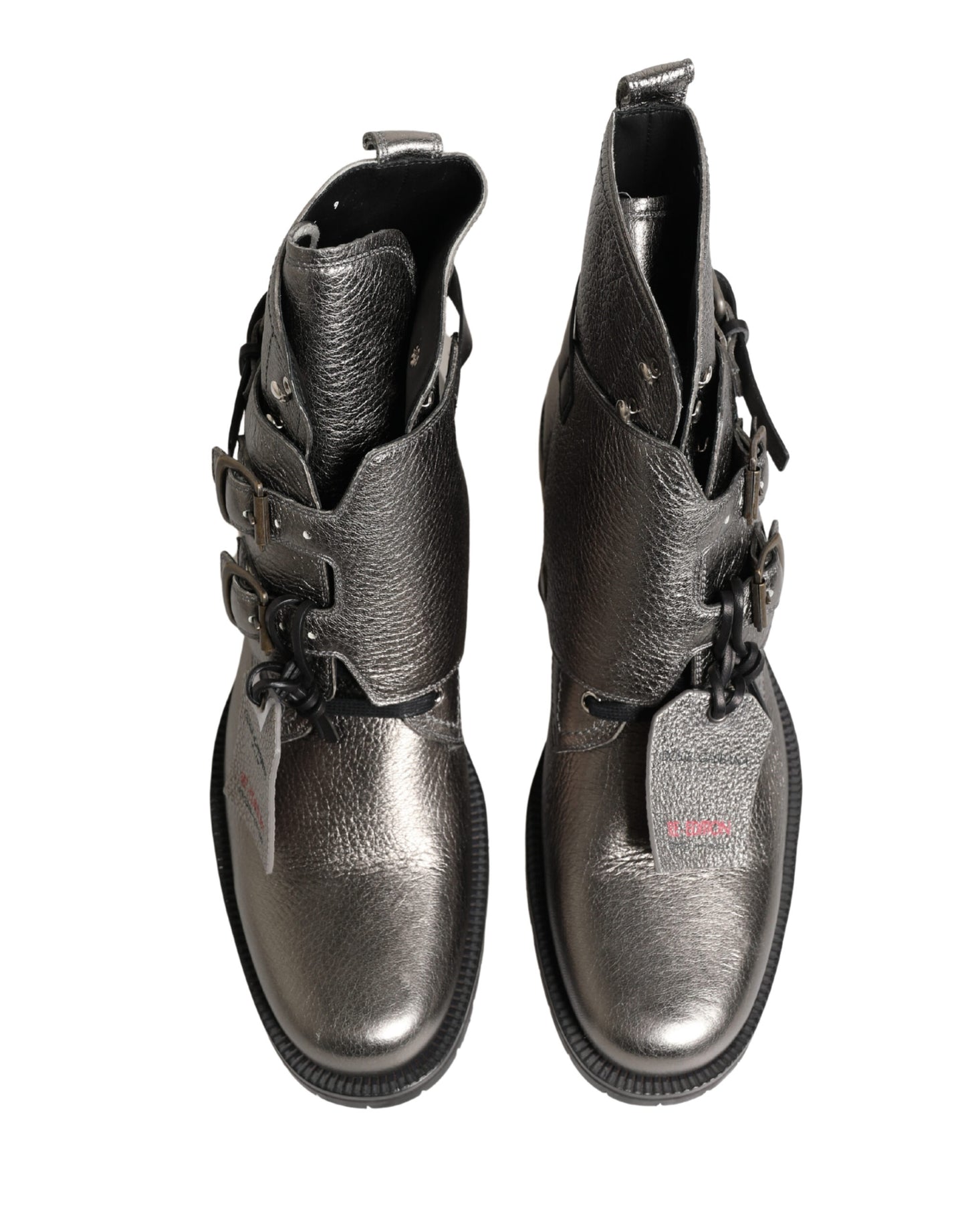 Dolce & Gabbana Metallic Silver Leather Buckle Ankle Boots