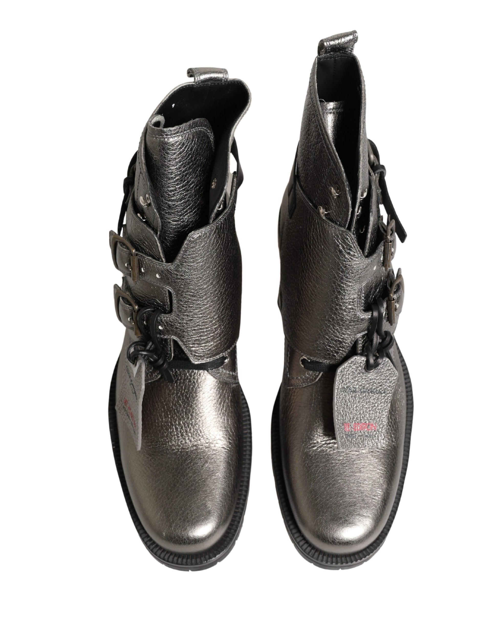 Dolce & Gabbana Metallic Silver Leather Buckle Ankle Boots