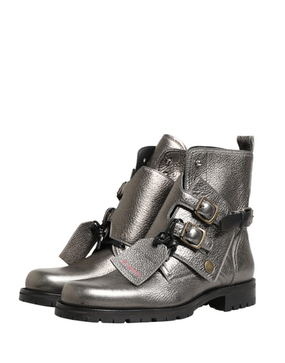 Dolce & Gabbana Metallic Silver Leather Buckle Ankle Boots