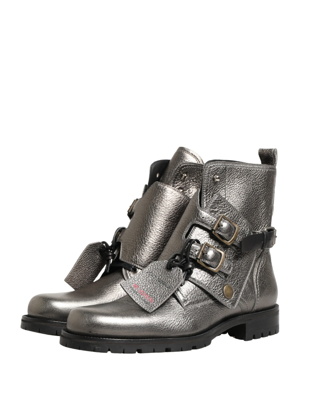 Dolce & Gabbana Metallic Silver Leather Buckle Ankle Boots