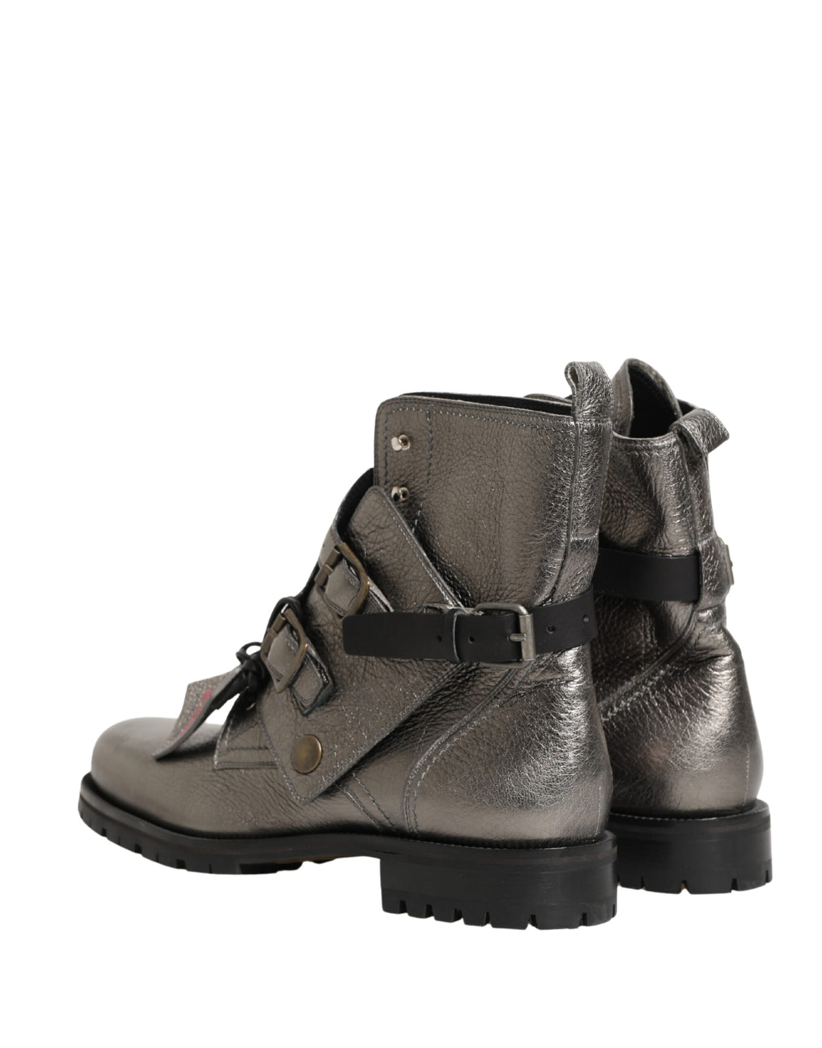 Dolce & Gabbana Metallic Silver Leather Buckle Ankle Boots