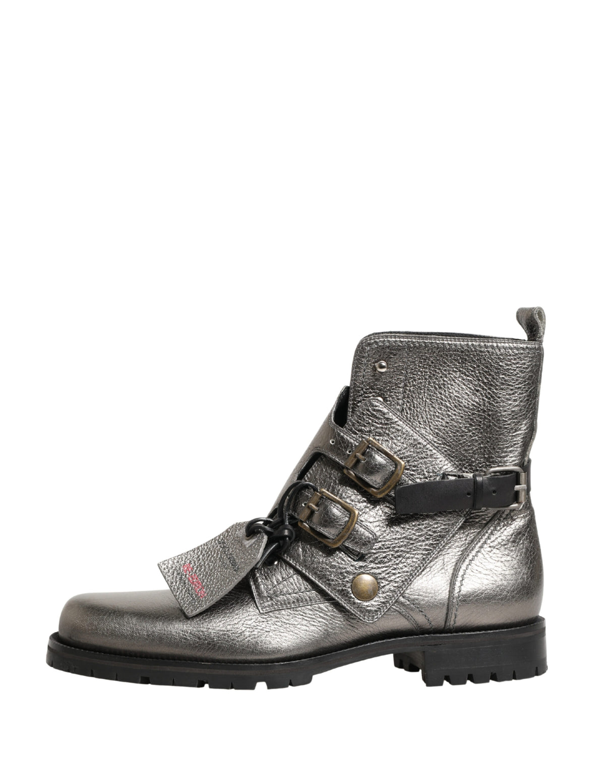 Dolce & Gabbana Metallic Silver Leather Buckle Ankle Boots