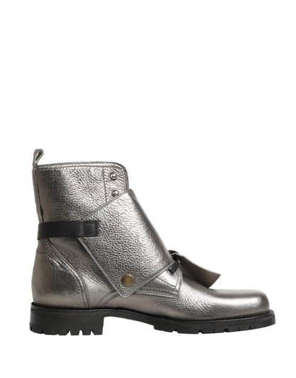 Dolce & Gabbana Metallic Silver Leather Buckle Ankle Boots