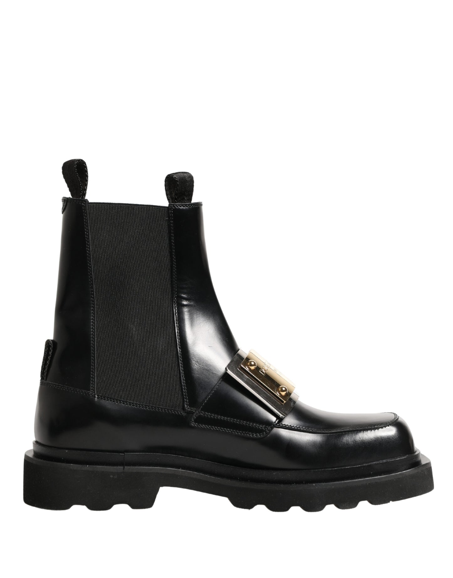 Dolce & Gabbana Black Leather Logo Plaque Ankle Boots