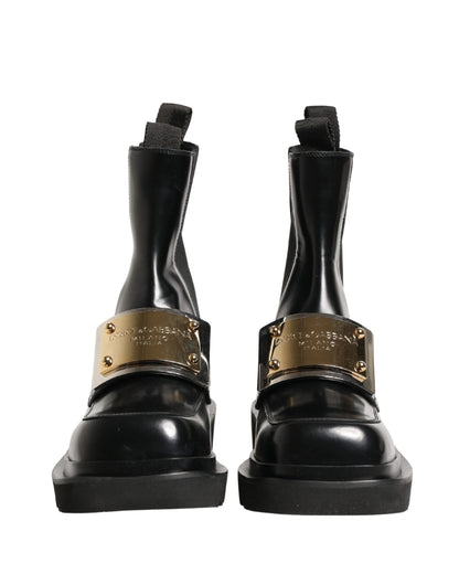 Dolce & Gabbana Black Leather Logo Plaque Ankle Boots