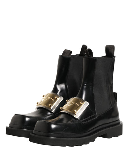 Dolce & Gabbana Black Leather Logo Plaque Ankle Boots