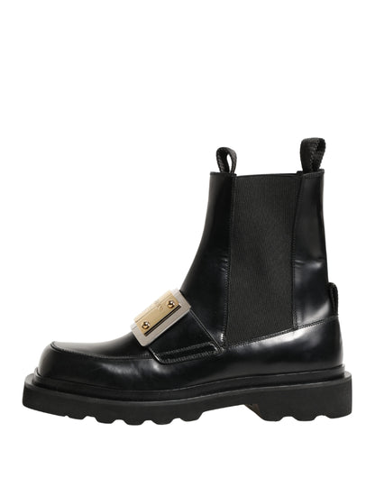 Dolce & Gabbana Black Leather Logo Plaque Ankle Boots