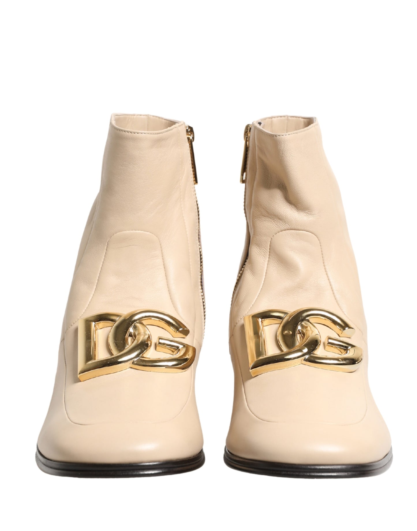 Dolce & Gabbana Beige Leather Logo Plaque Ankle Boots