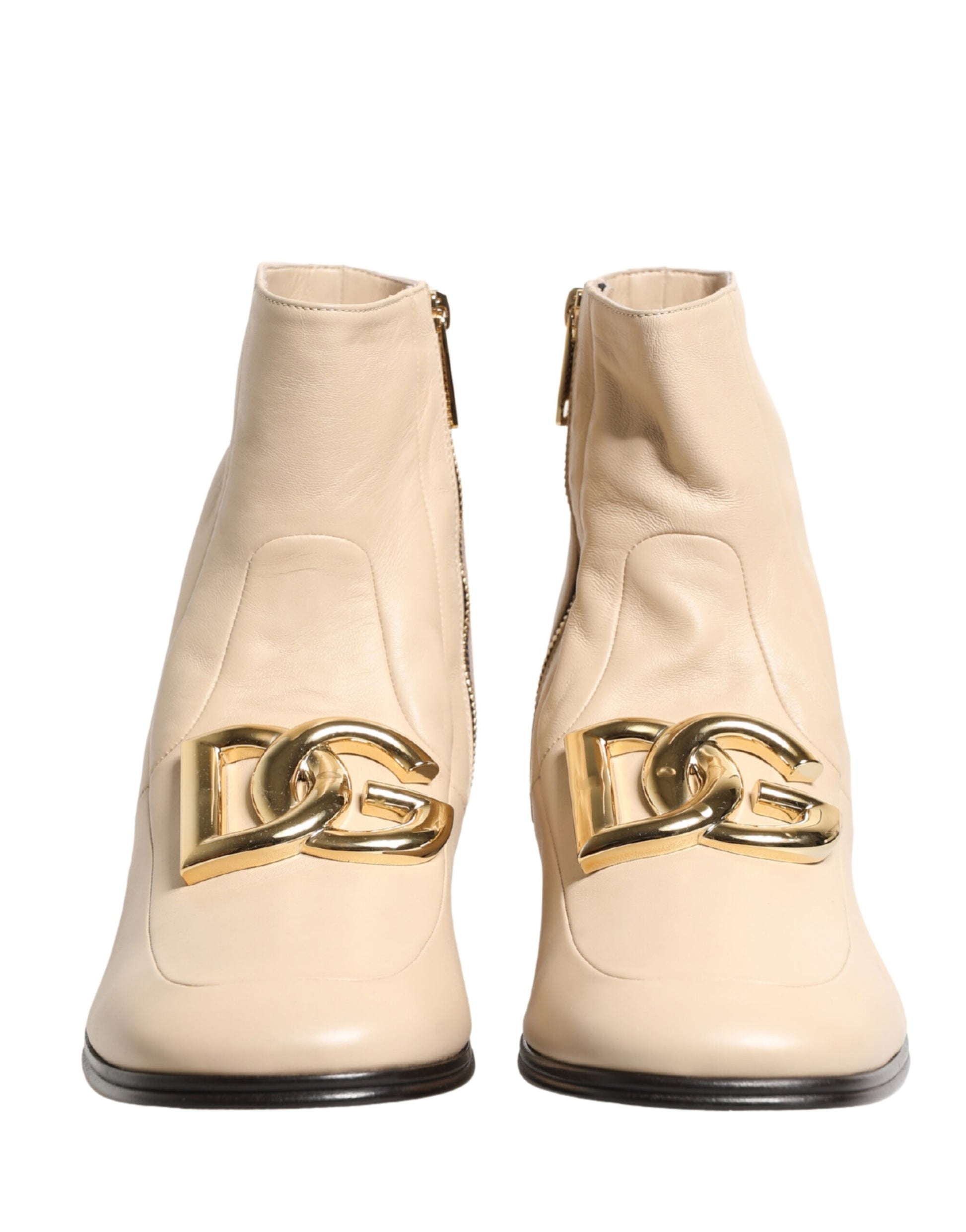 Dolce & Gabbana Beige Leather Logo Plaque Ankle Boots