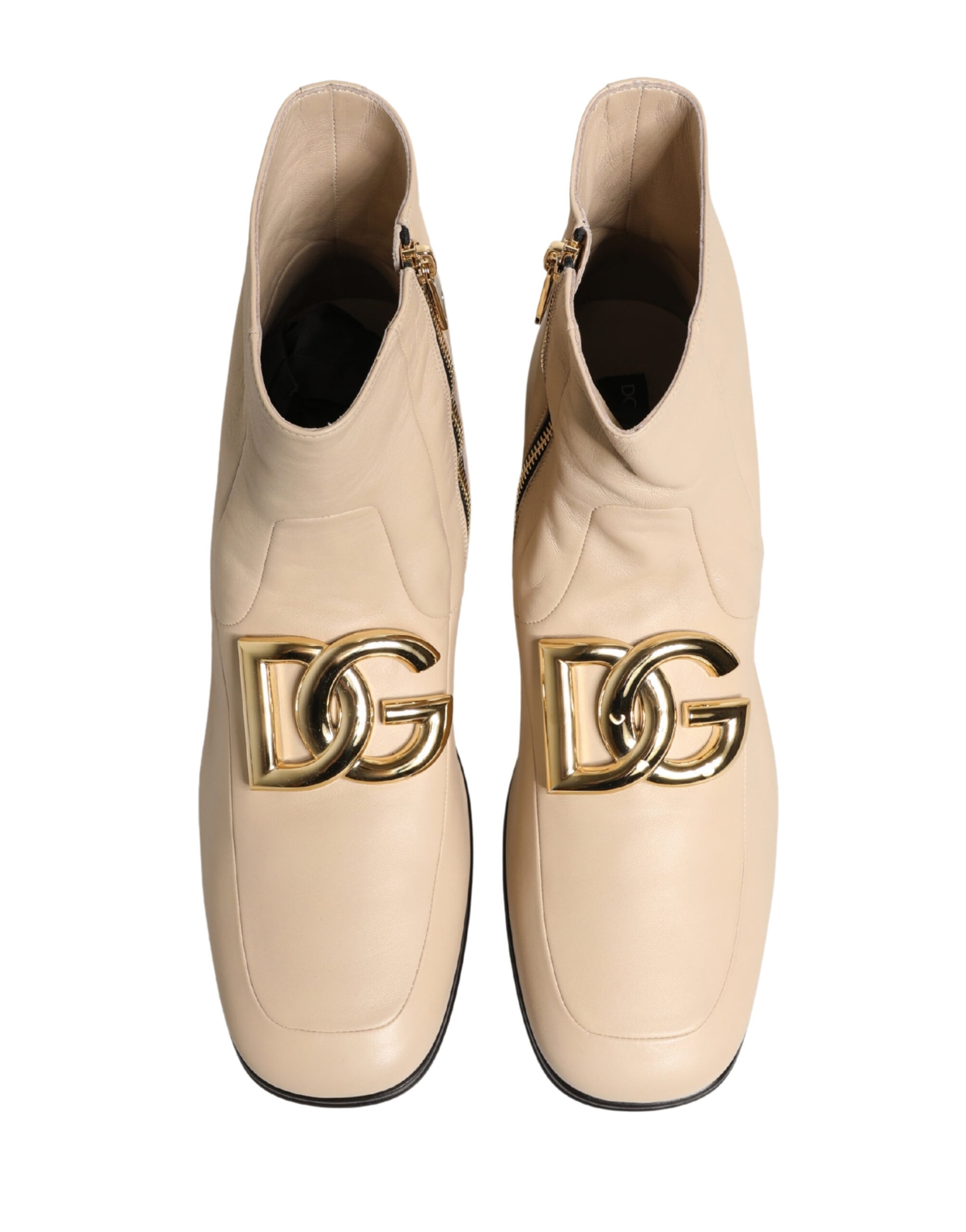 Dolce & Gabbana Beige Leather Logo Plaque Ankle Boots