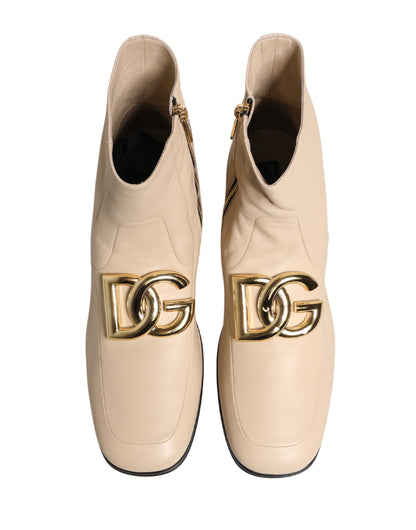 Dolce & Gabbana Beige Leather Logo Plaque Ankle Boots