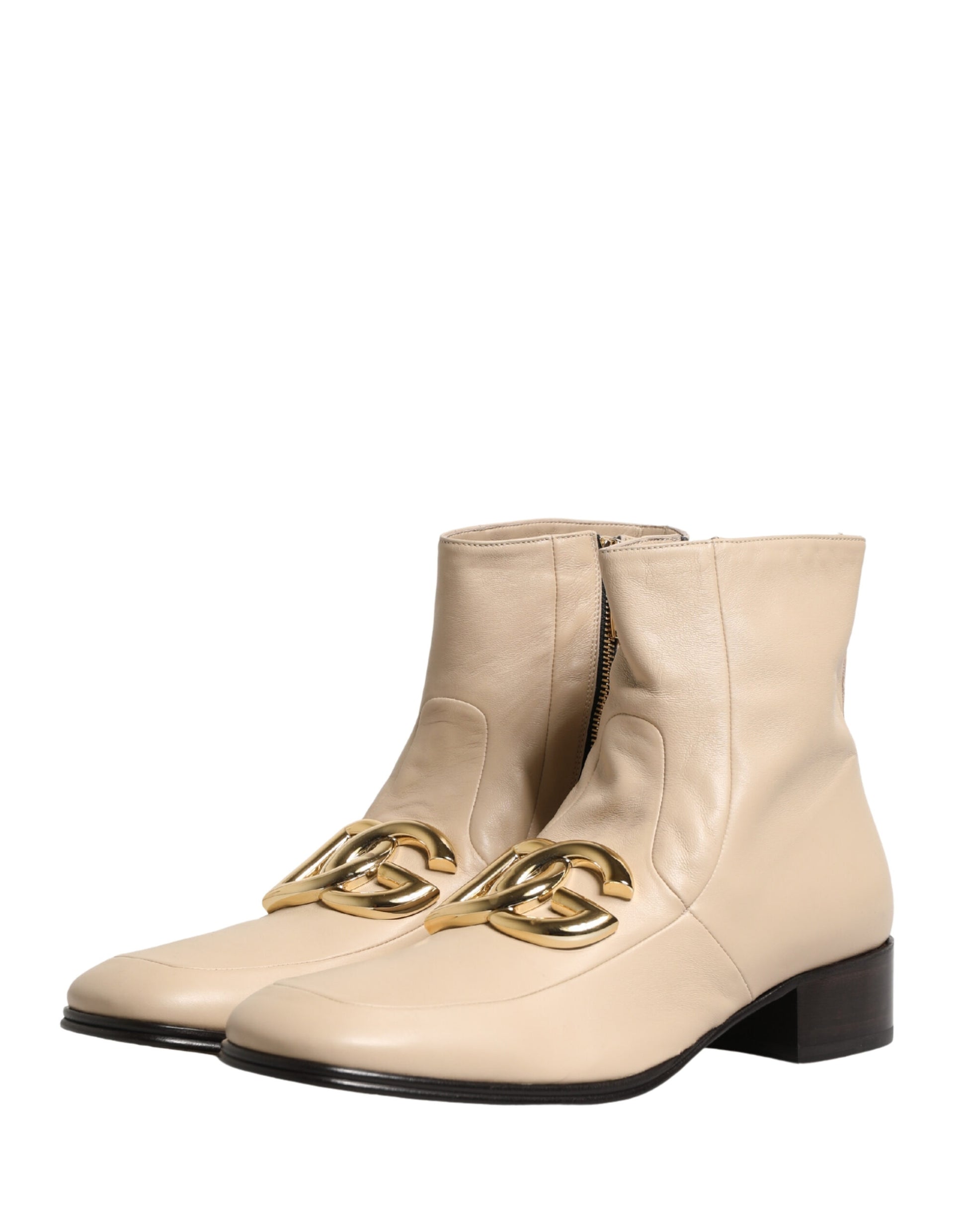 Dolce & Gabbana Beige Leather Logo Plaque Ankle Boots