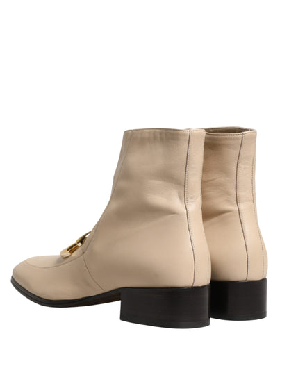 Dolce & Gabbana Beige Leather Logo Plaque Ankle Boots