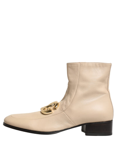 Dolce & Gabbana Beige Leather Logo Plaque Ankle Boots