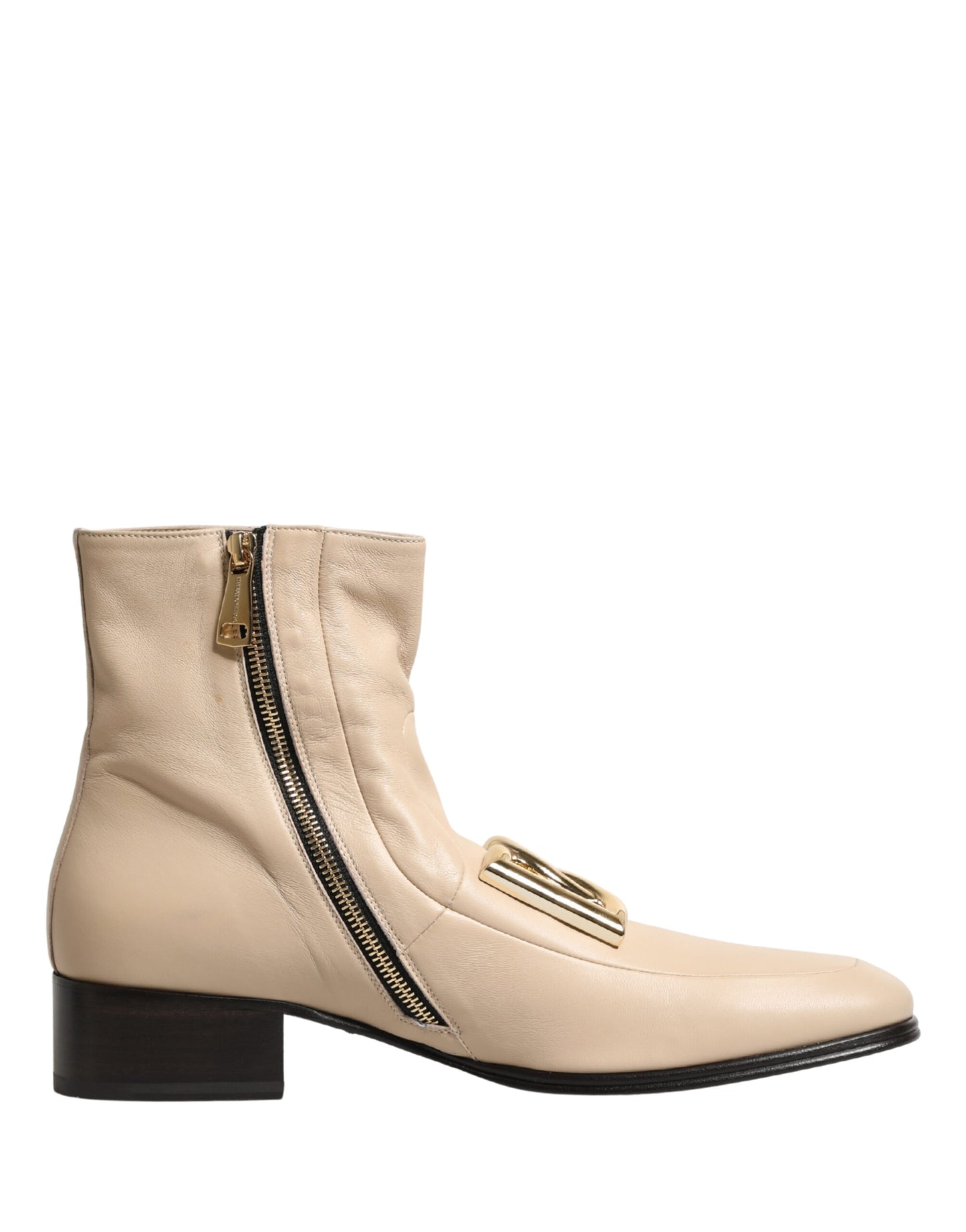 Dolce & Gabbana Beige Leather Logo Plaque Ankle Boots