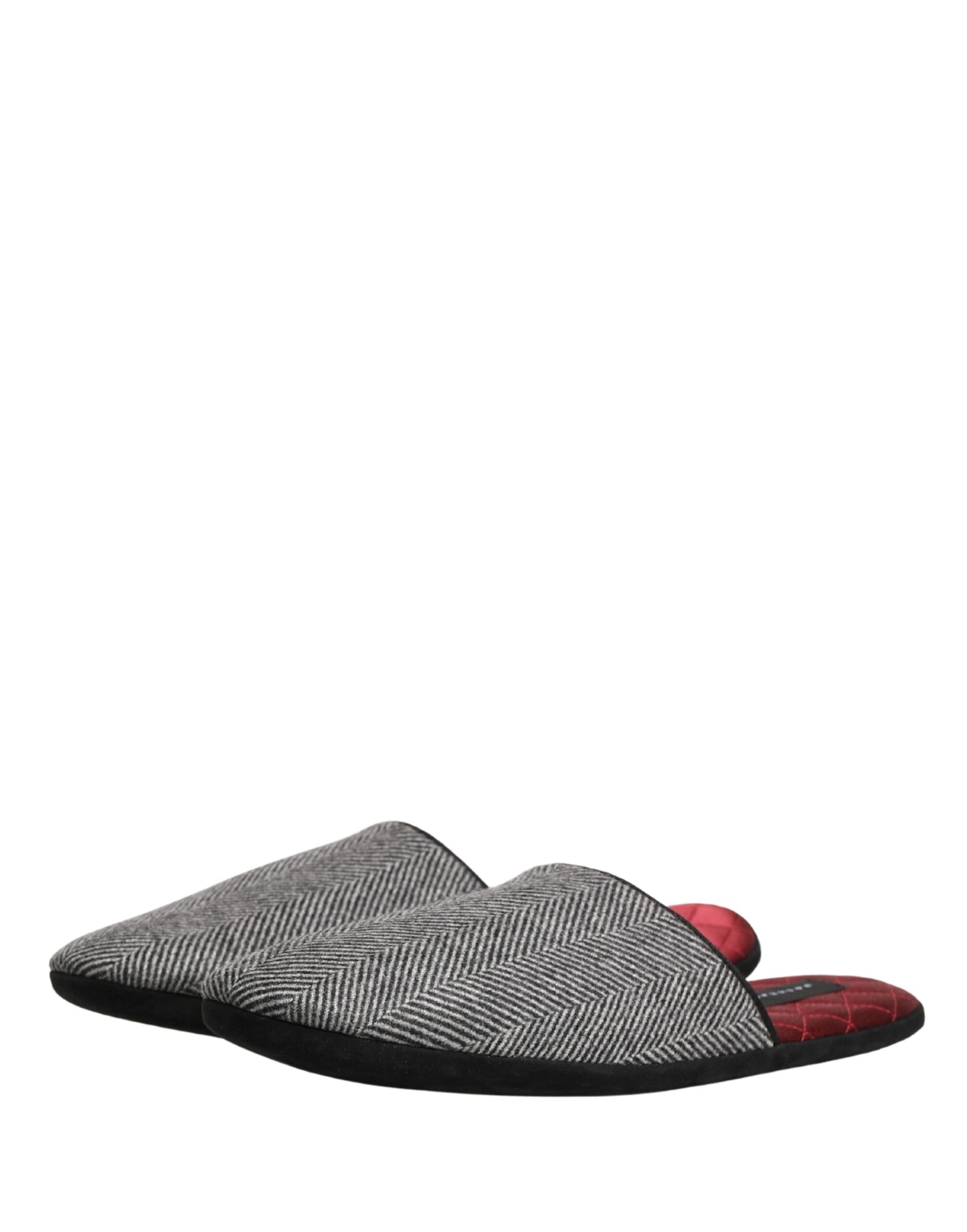 Dolce & Gabbana Grey Herringbone Cashmere Red Slippers Shoes