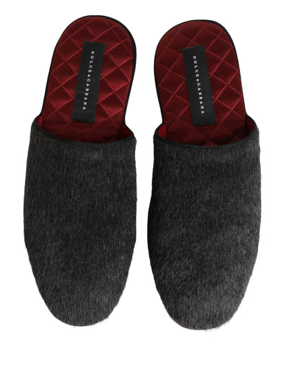 Dolce & Gabbana Dark Grey Charcoal Wool Red Slippers