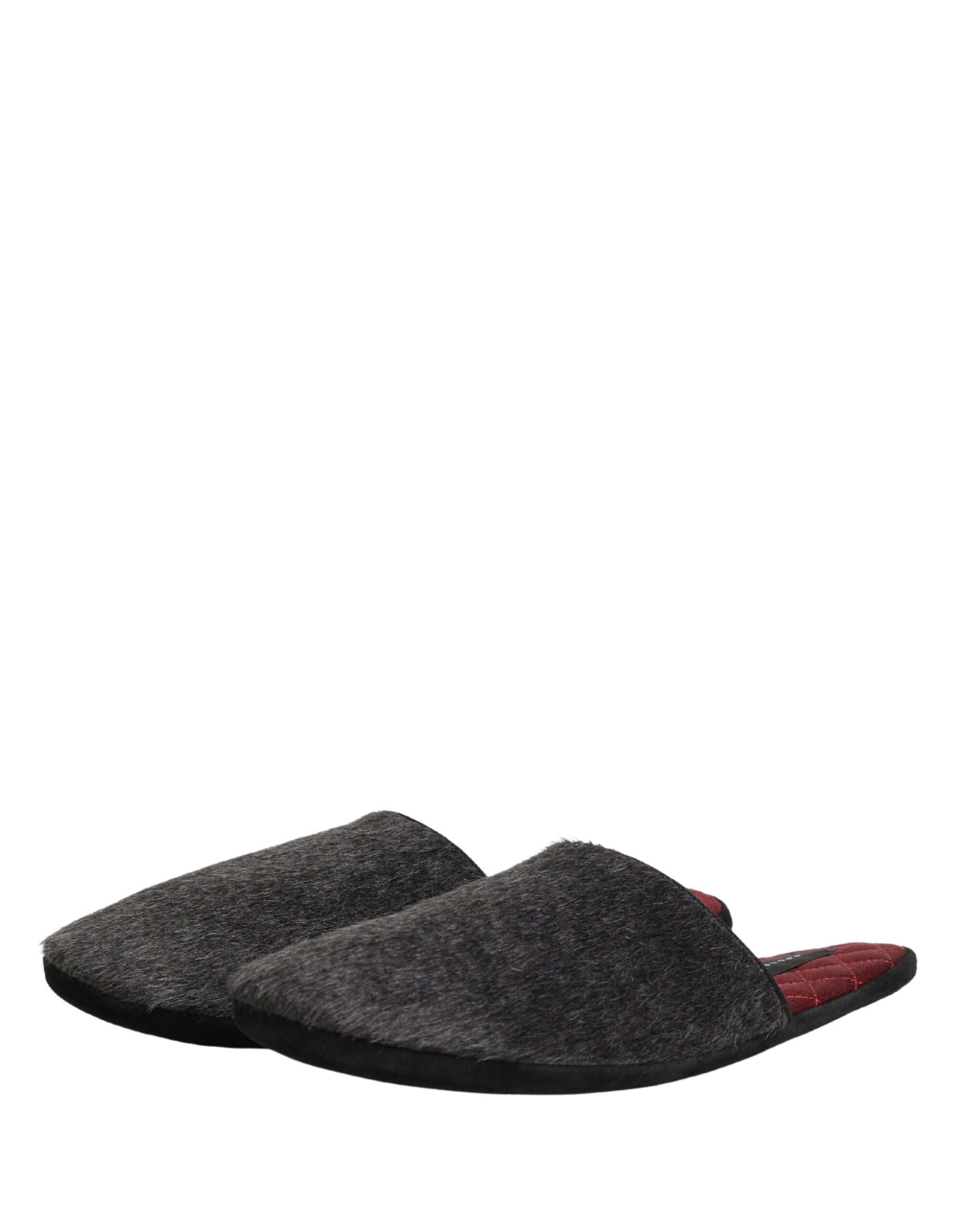 Dolce & Gabbana Dark Grey Charcoal Wool Red Slippers