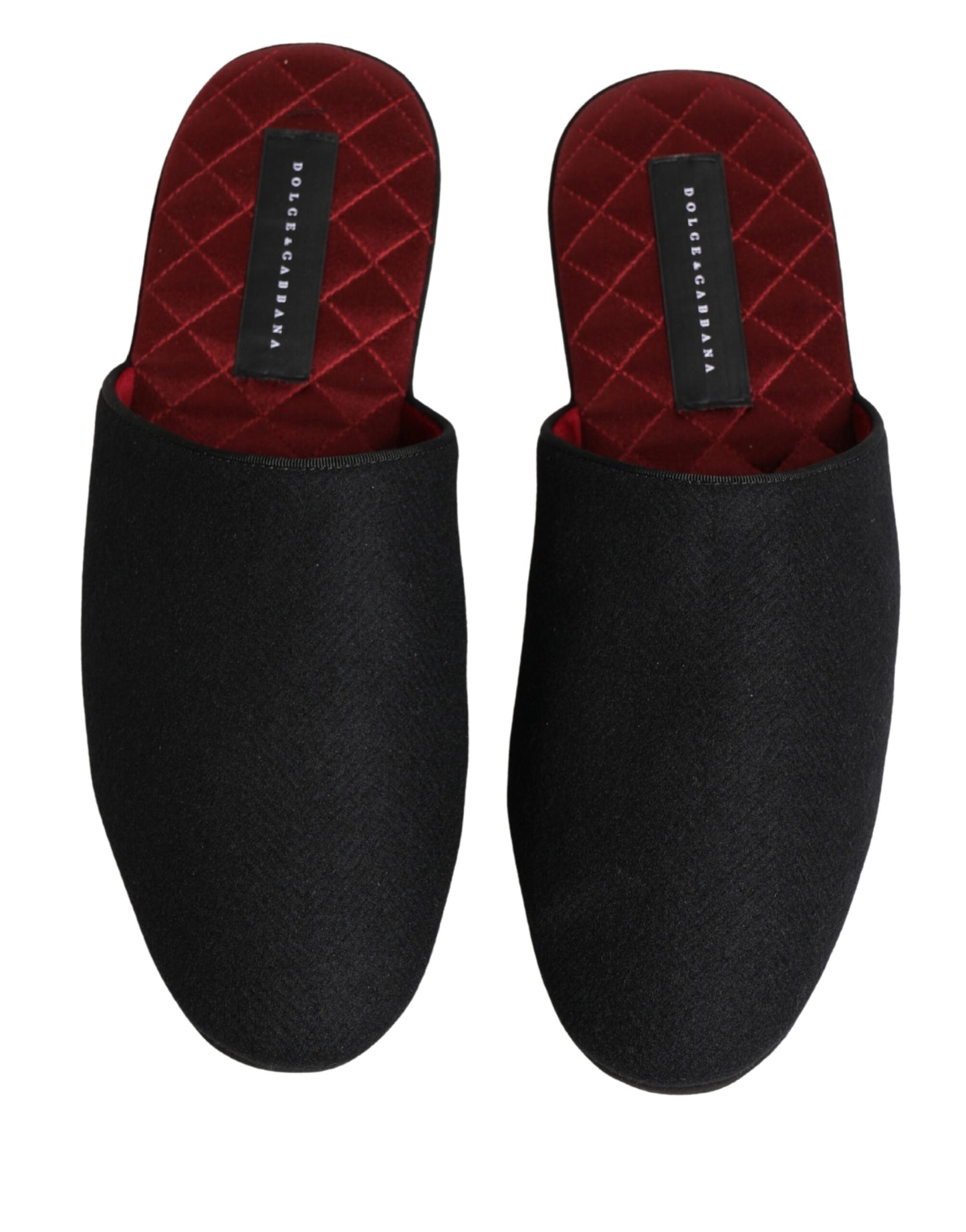 Dolce & Gabbana Black Wool Cashmere Red Quilted Slippers Shoes